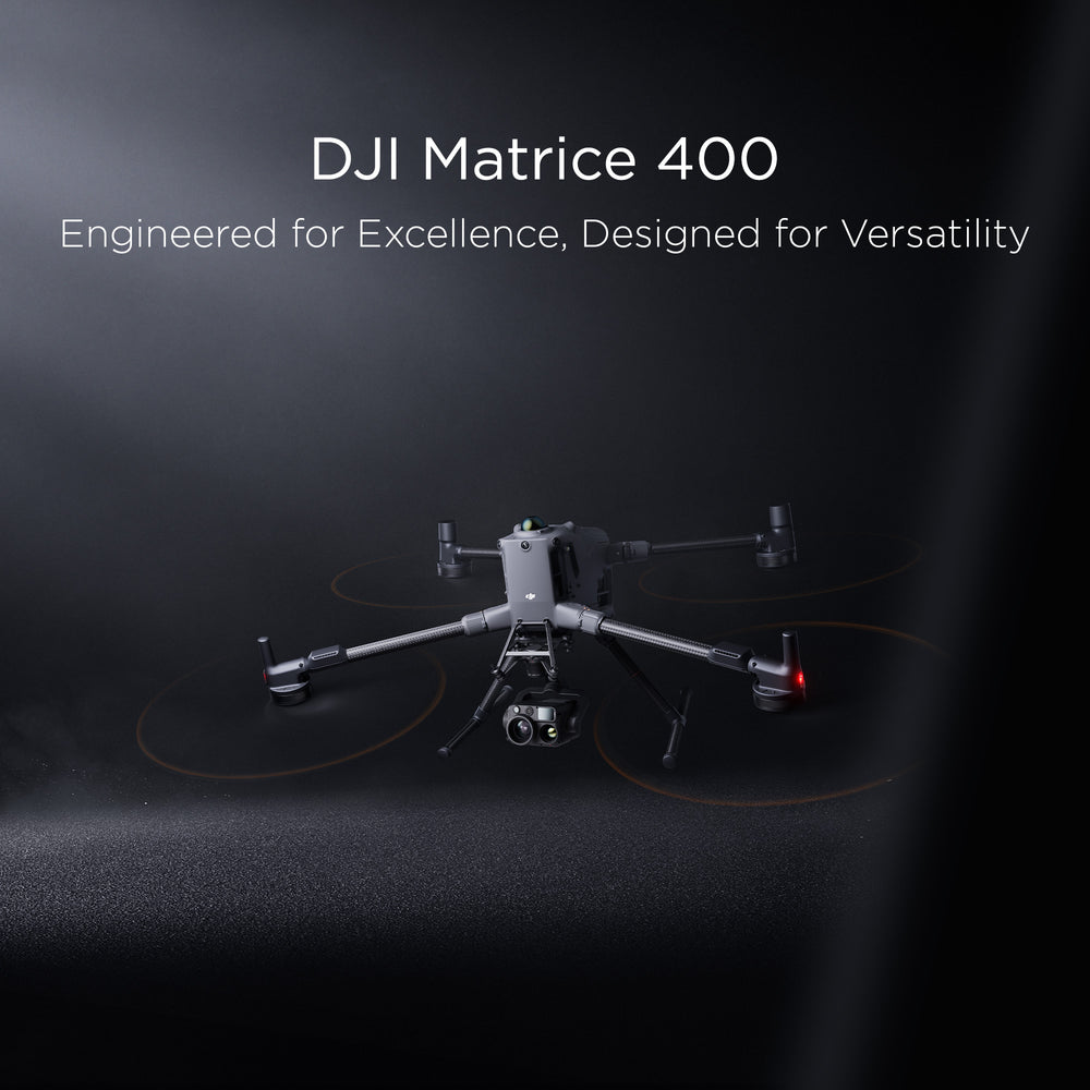 DJI Matrice 400 drone on a dark background with text highlighting features