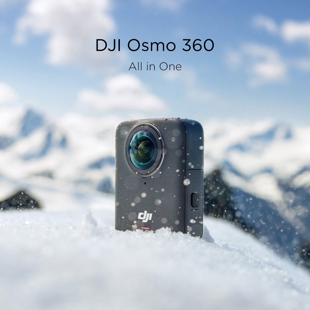 DJI Osmo 360 action camera in snow with mountain background