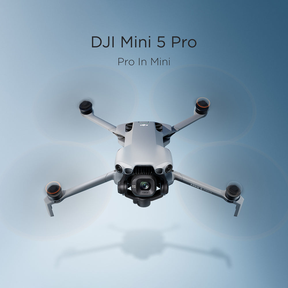 A still image of a DJI Mini 5 Pro flying forward with a blue background. Text above it reads "DJI Mini 5 Pro, Pro In Mini".
