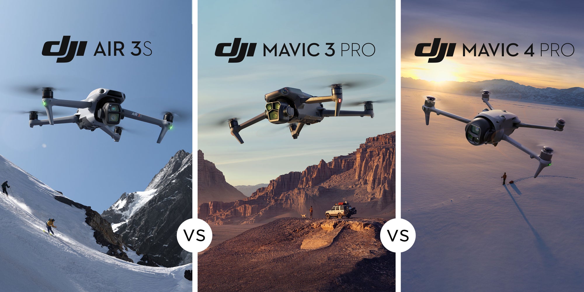 Three DJI drones: Air 3, Mavic 3 Pro, and Mavic 4.