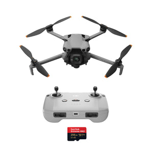 The DJI Mini 5 Pro, DJI RC-N3 controller, and a microSD card against a white background
