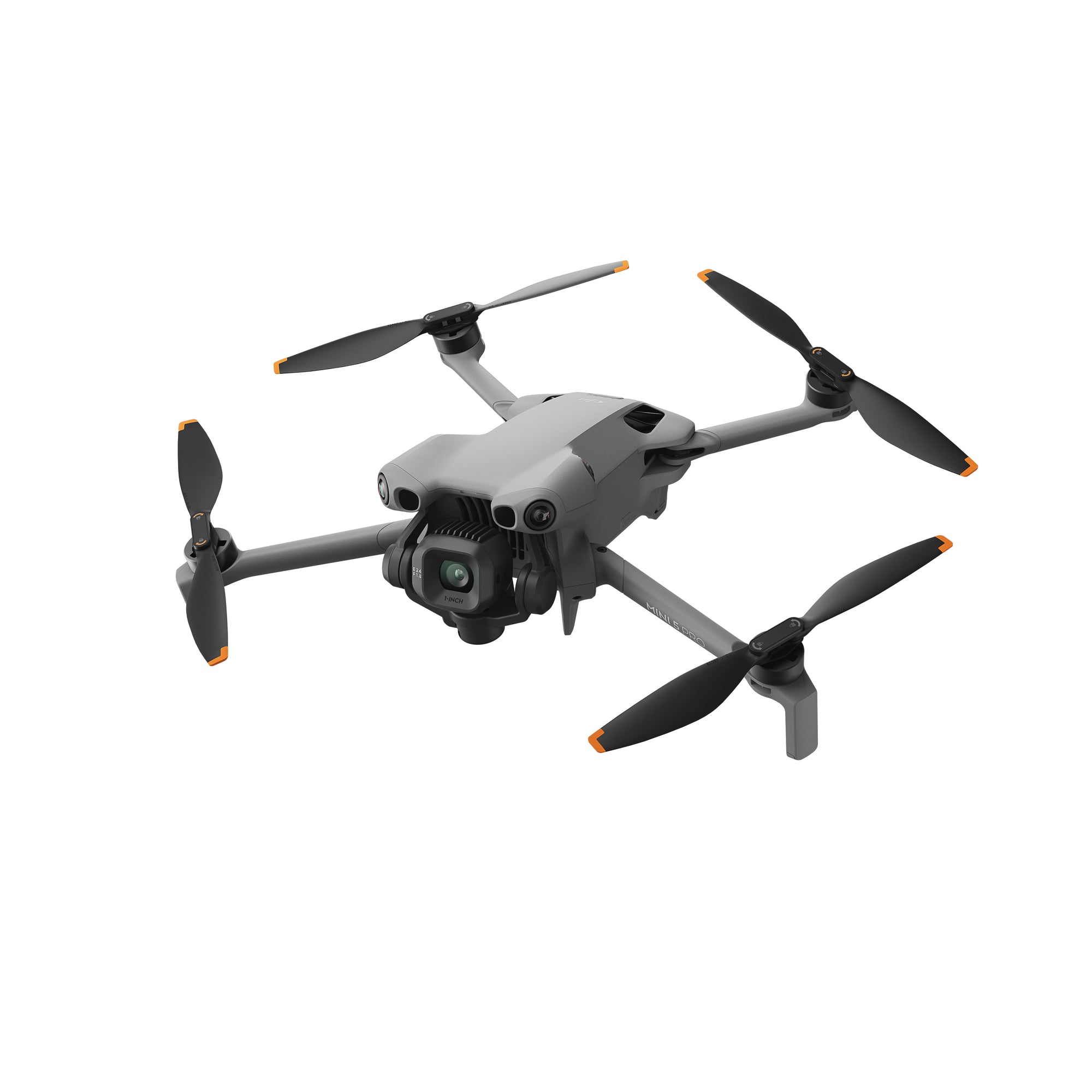 The DJI Mini 5 Pro unfolded and displayed on a left-facing, top-down angle.