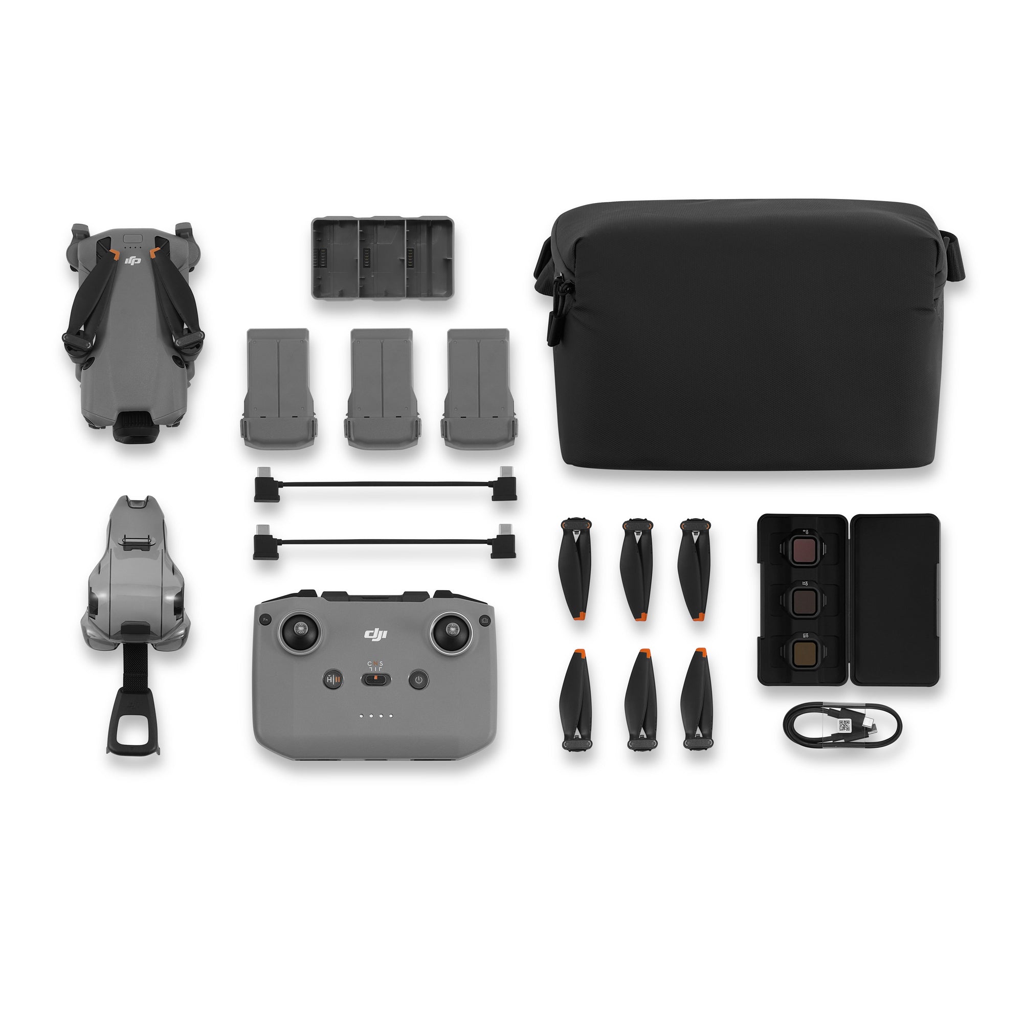 Everything included with the DJI Mini 5 Pro RC-N3 Fly More Combo displayed in a top-down view.