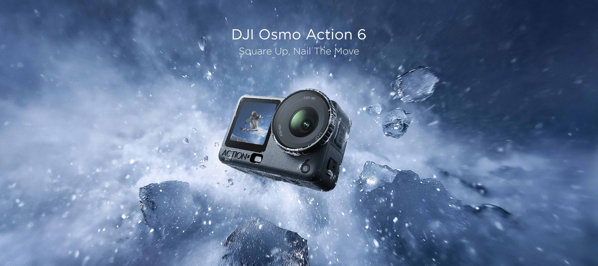 An Osmo Action 6 crashes down upon a jagged, icy surface. Text above it reads 
