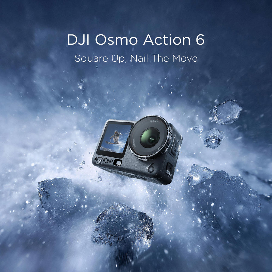 An Osmo Action 6 crashes down upon a jagged, icy surface. White text above it reads 