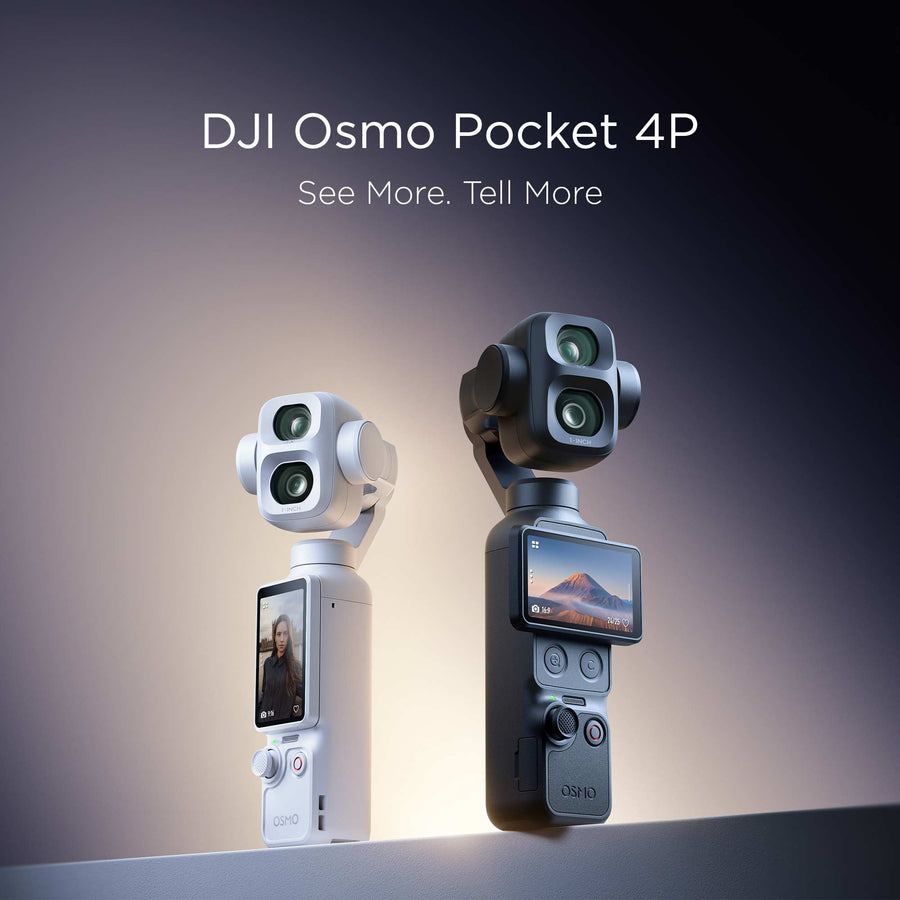 The Classic Black and Pearl White DJI Osmo Pocket 4P with a gradient background