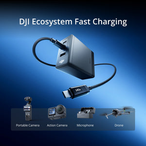 A black DJI-branded USB-C fast charging adapter with a braided cable and USB-C connector, shown floating on a blue gradient background with the text 'DJI Ecosystem Fast Charging' and small device icons below for portable camera, action camera, microphone, and drone.