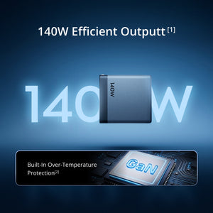 A DJI 140W Charger shown on a dark blue gradient background with large '140W' text and a feature panel reading 'Built-In Over-Temperature Protection' and 'GaN'.