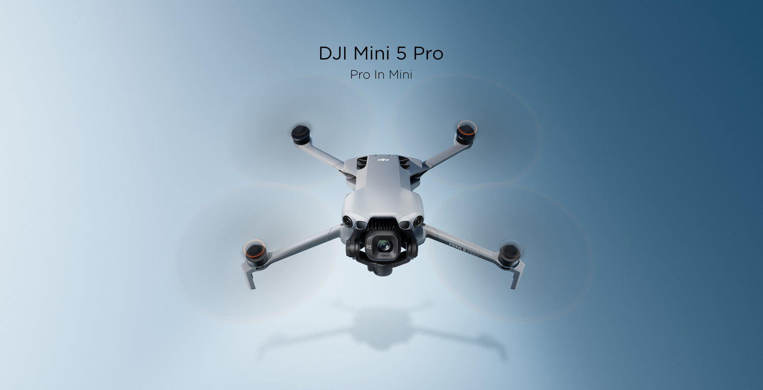 DJI Mini 5 Pro drone flying against a clear blue sky