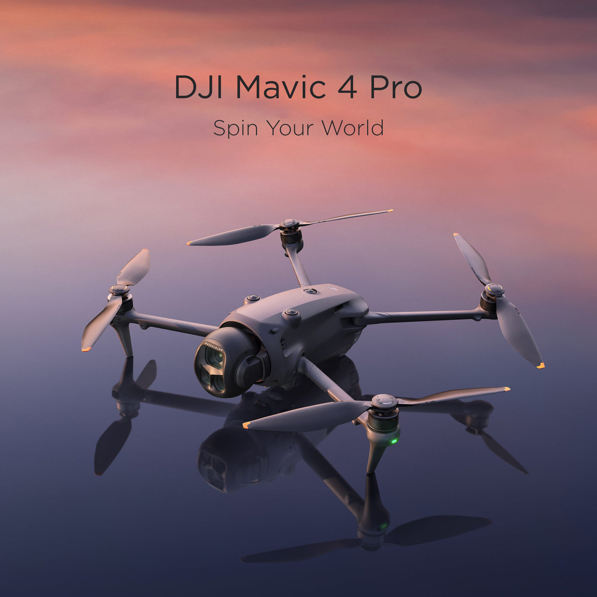 DJI Mavic 4 Pro drone with a reflective surface and sunset sky background