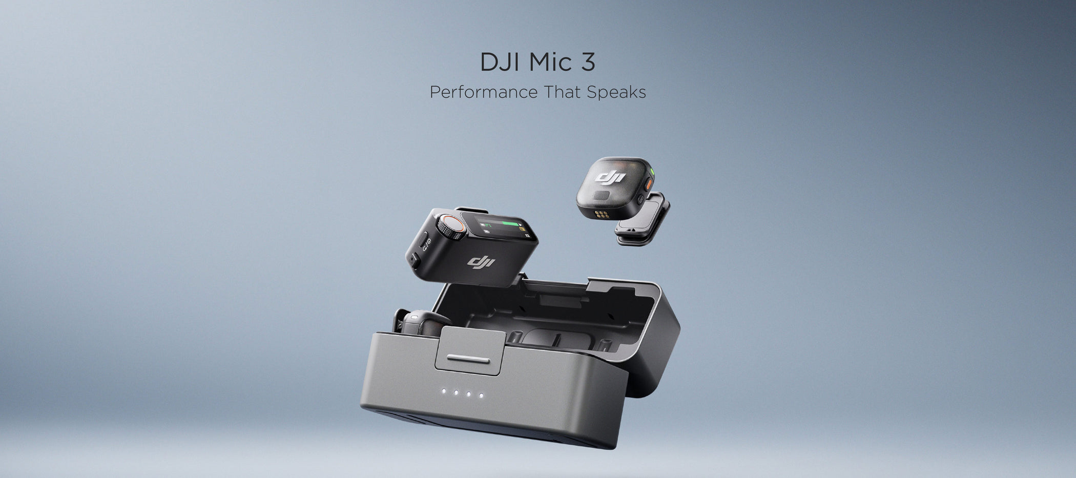 A DJI Mic 3 receiver and transmitter float out of the DJI Mic 3 charging case against a blue background. Text above them reads 