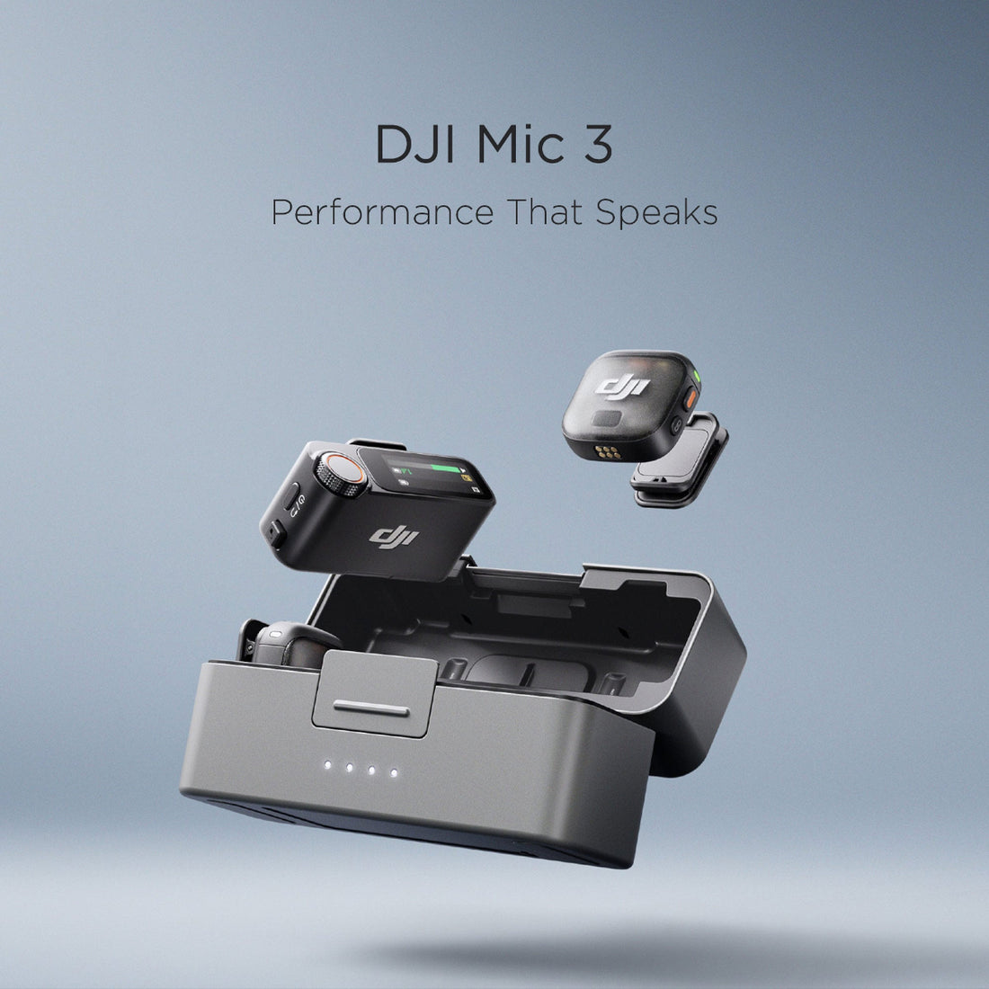 DJI Mic 3 with charging dock on a light blue background