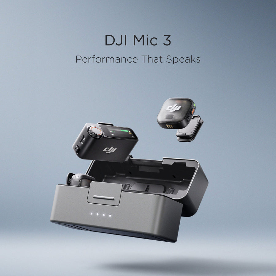 DJI Mic 3 with charging dock on a light blue background
