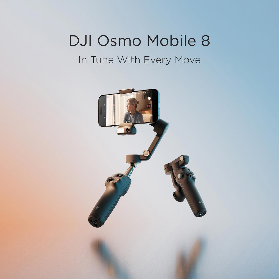 Two Osmo Mobile 8 gimbals float side-by-side. The one on the left is unfolded with a mobile device attached, while the one on the right is folded. Text above them reads 