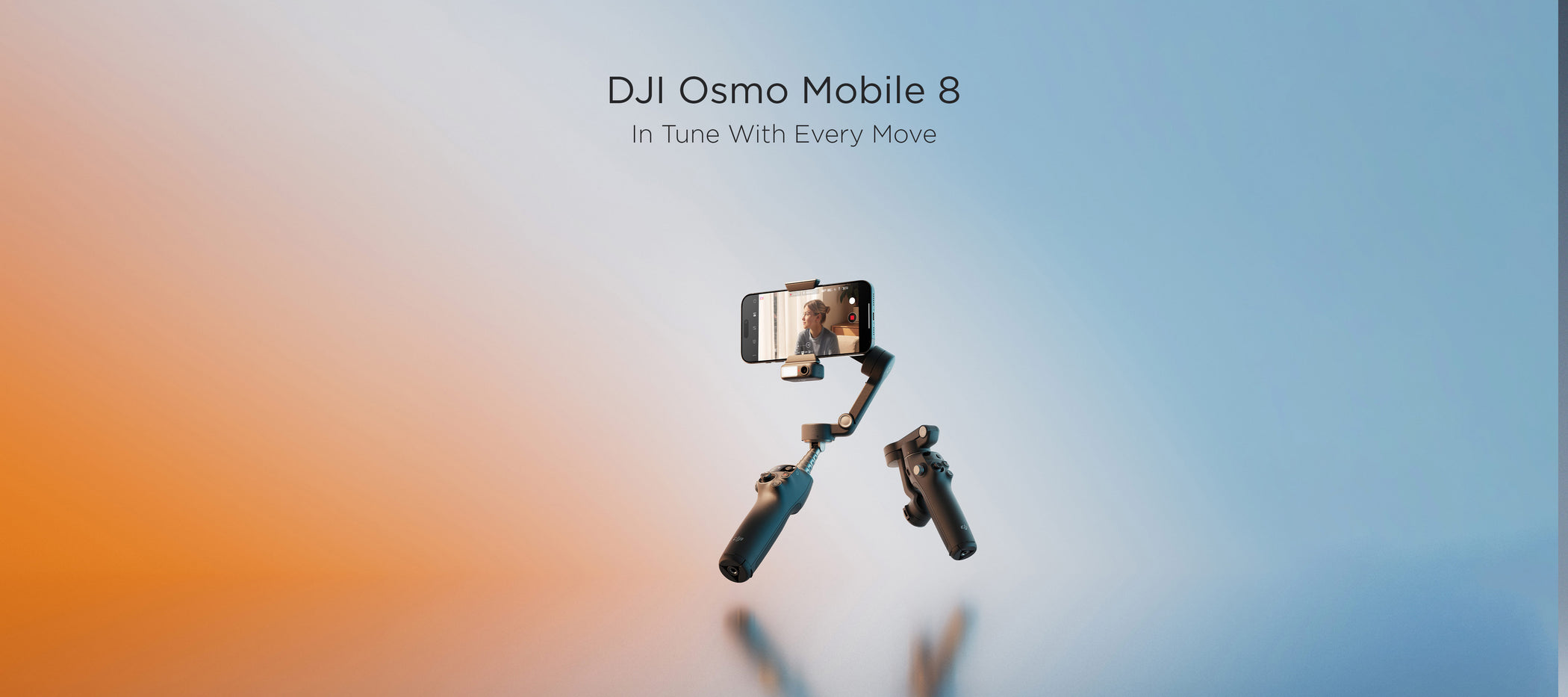 Two Osmo Mobile 8 gimbals float side-by-side. The one on the left is unfolded with a mobile device attached, while the one on the right is folded. Text above them reads 