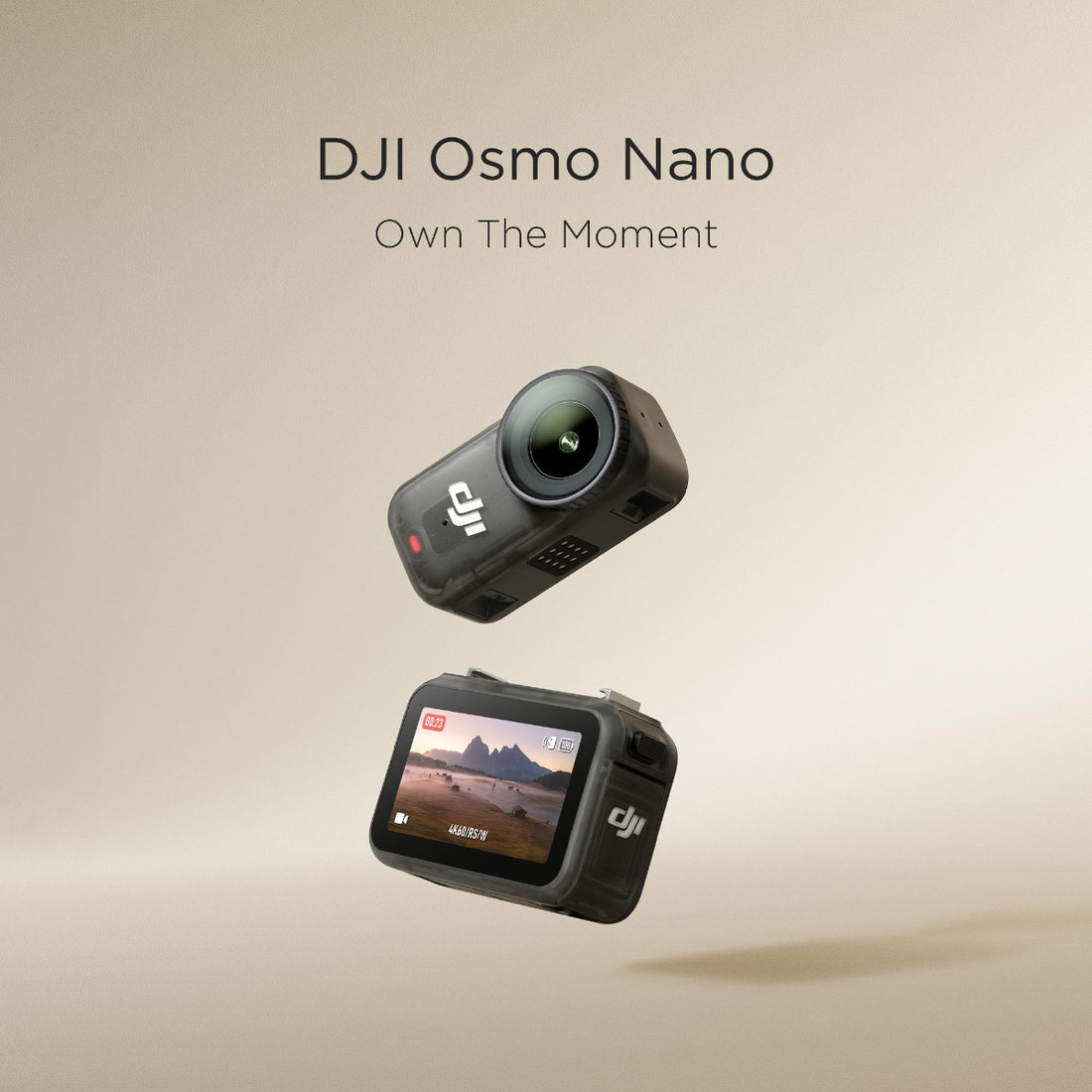 DJI Osmo Nano camera on a beige background with 'Own The Moment' text.