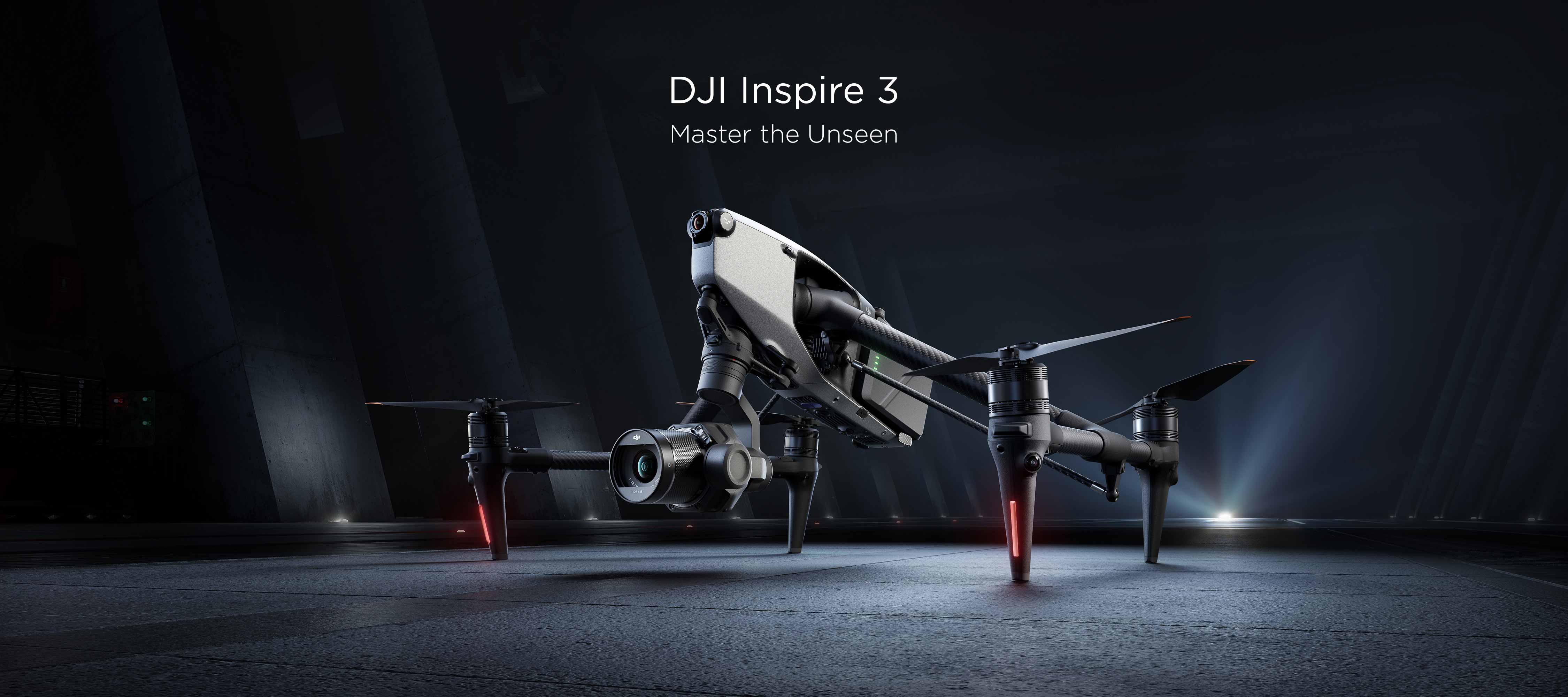 The DJI Inspire 3 with spotlight lighting in a dark environment.