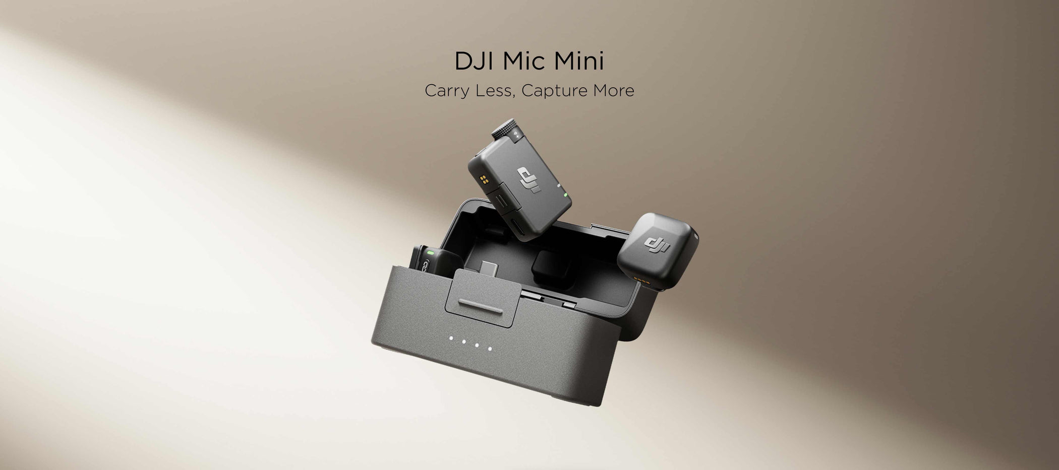 The DJI Mic Mini charging case, receiver, and transmitters against a taupe background.