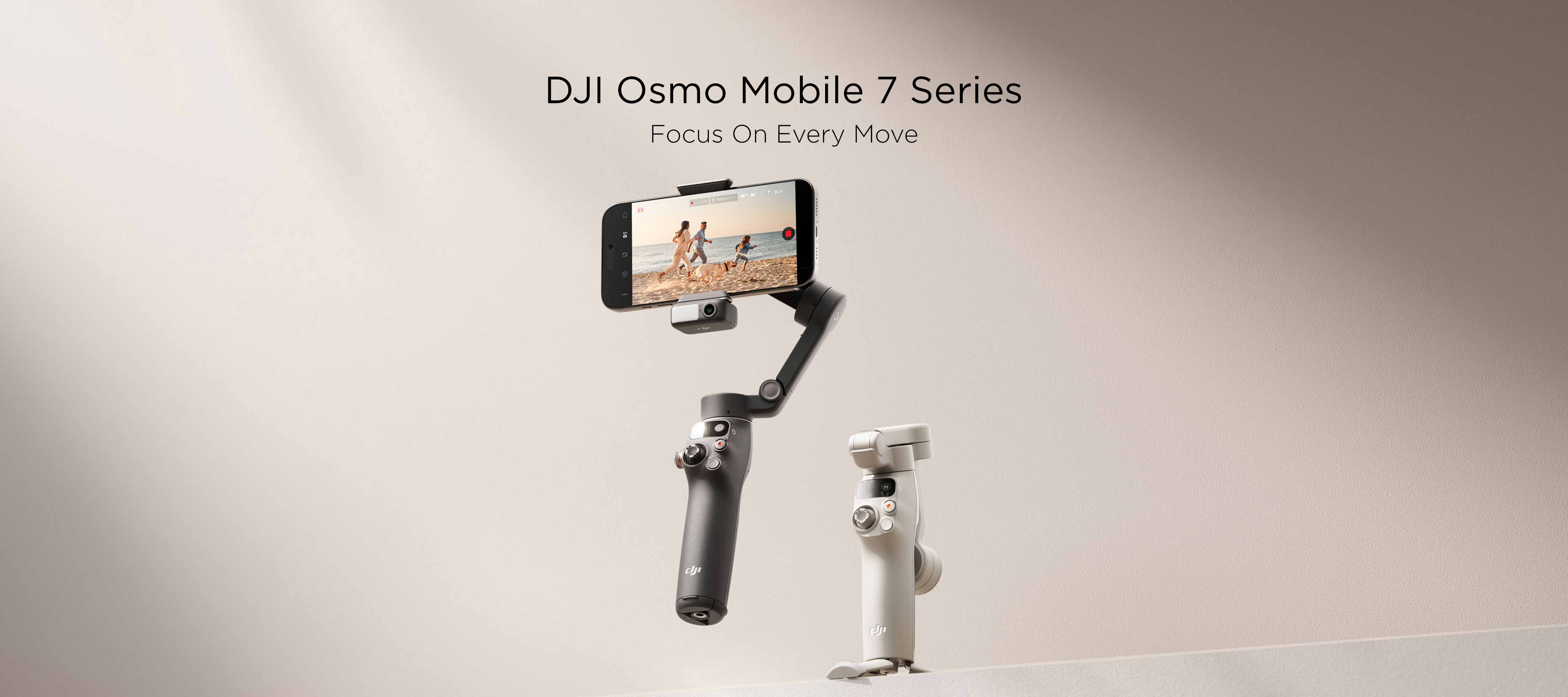 The DJI Osmo Mobile 7P displayed unfolded and the DJI Osmo Mobile 7 displayed folded against a beige background