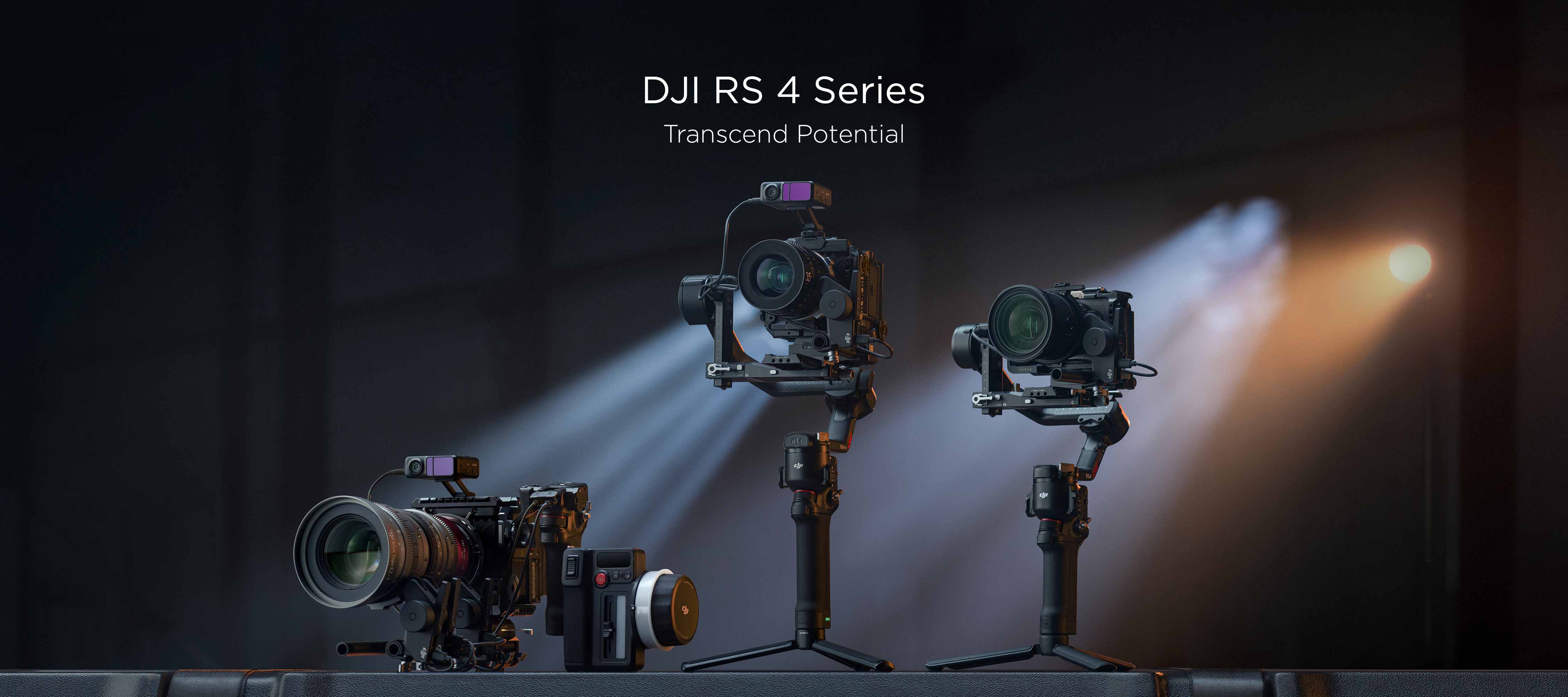 The DJI RS 4 Series displayed with accessories against a dark background