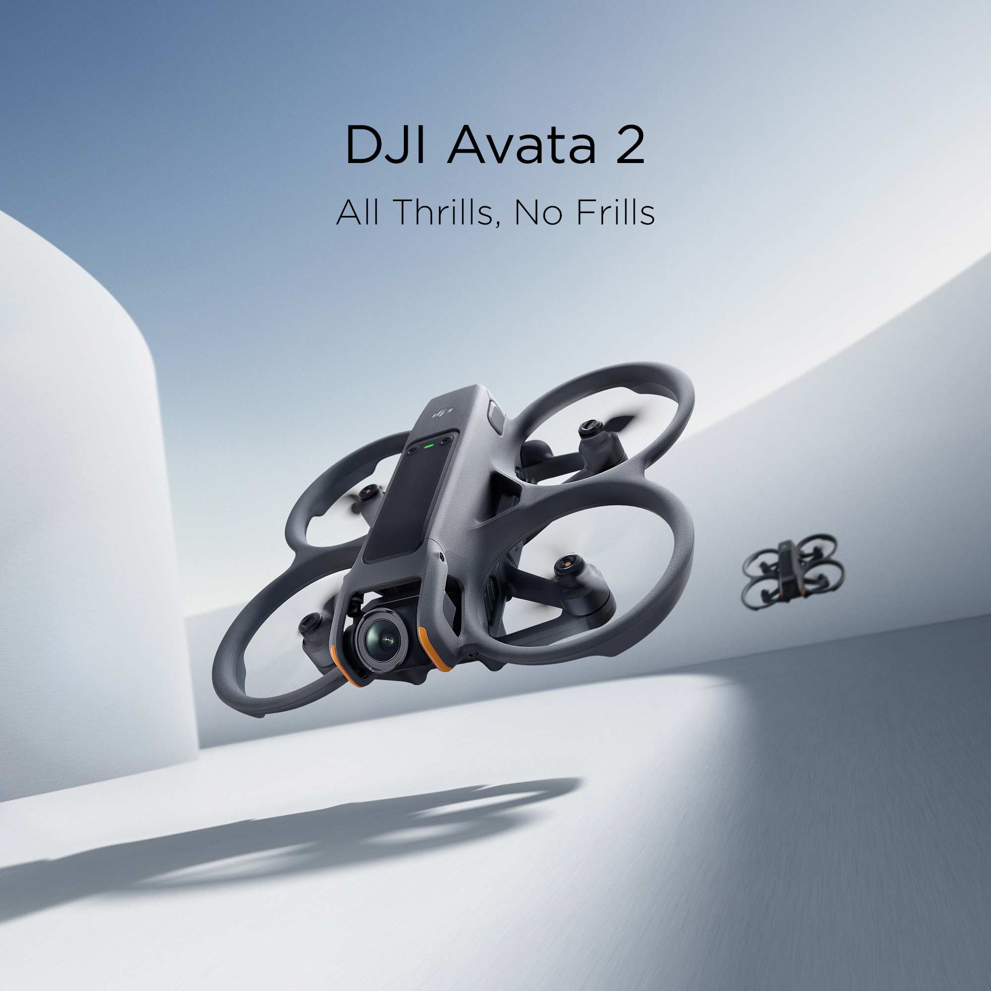 A DJI Avata 2 flying forward with another DJI Avata 2 chasing after it.