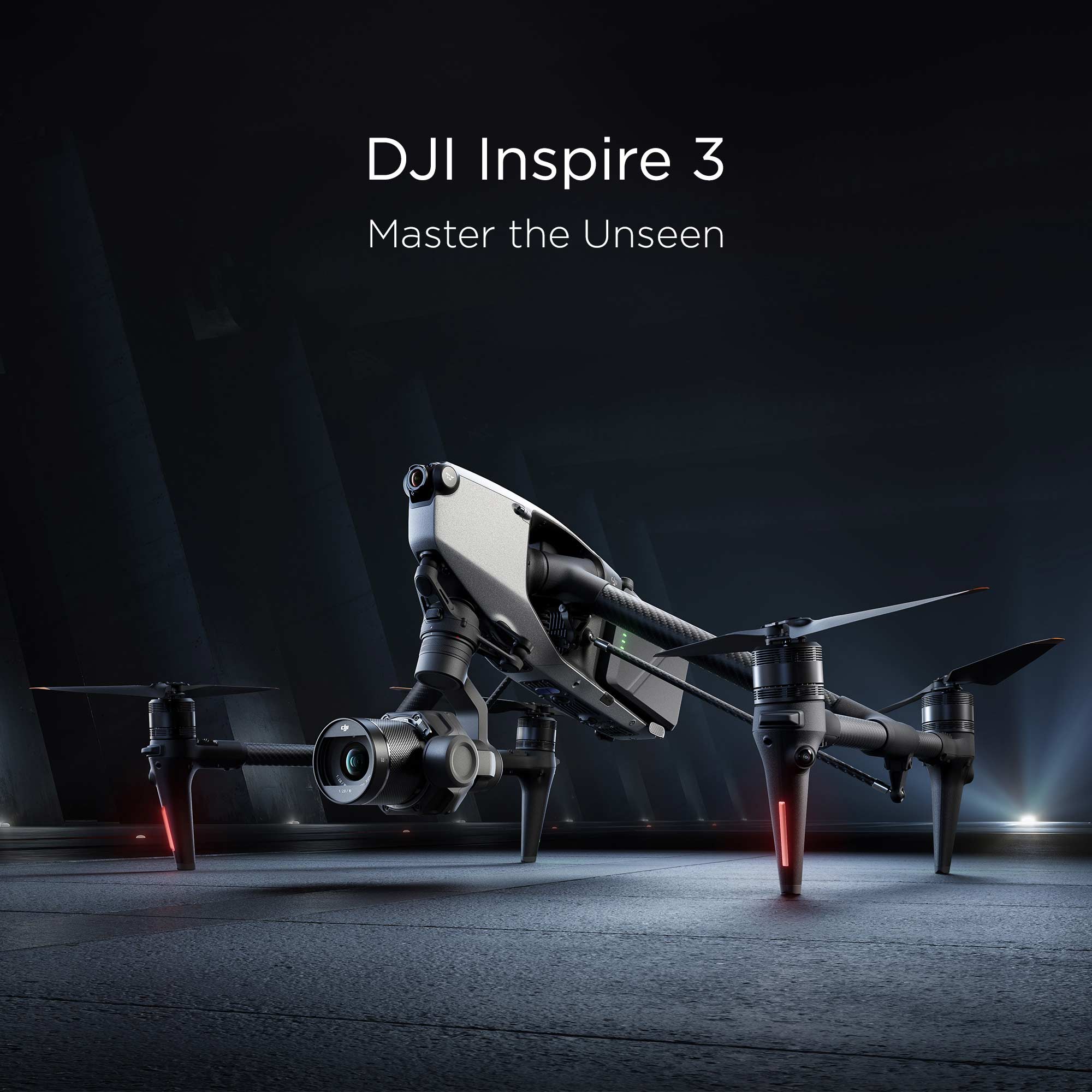 The DJI Inspire 3 with spotlight style lighting in a dark environment.