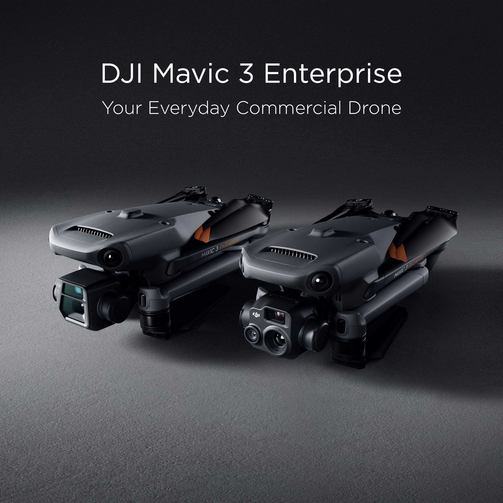 The DJI Mavic 3E and 3T folded and displayed against a dark background.