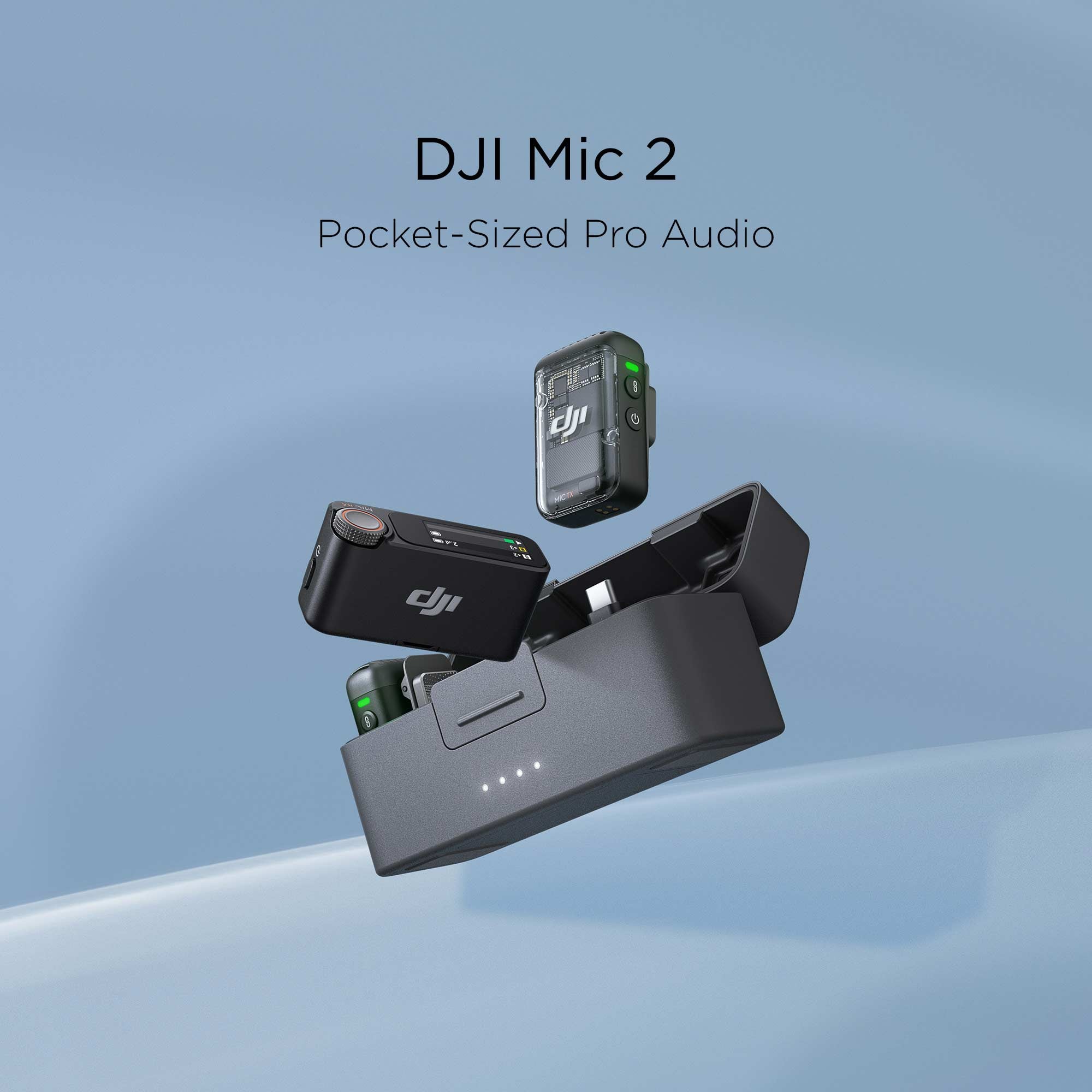 The DJI Mic 2 charging case, transmitter, and receivers against a blue background.