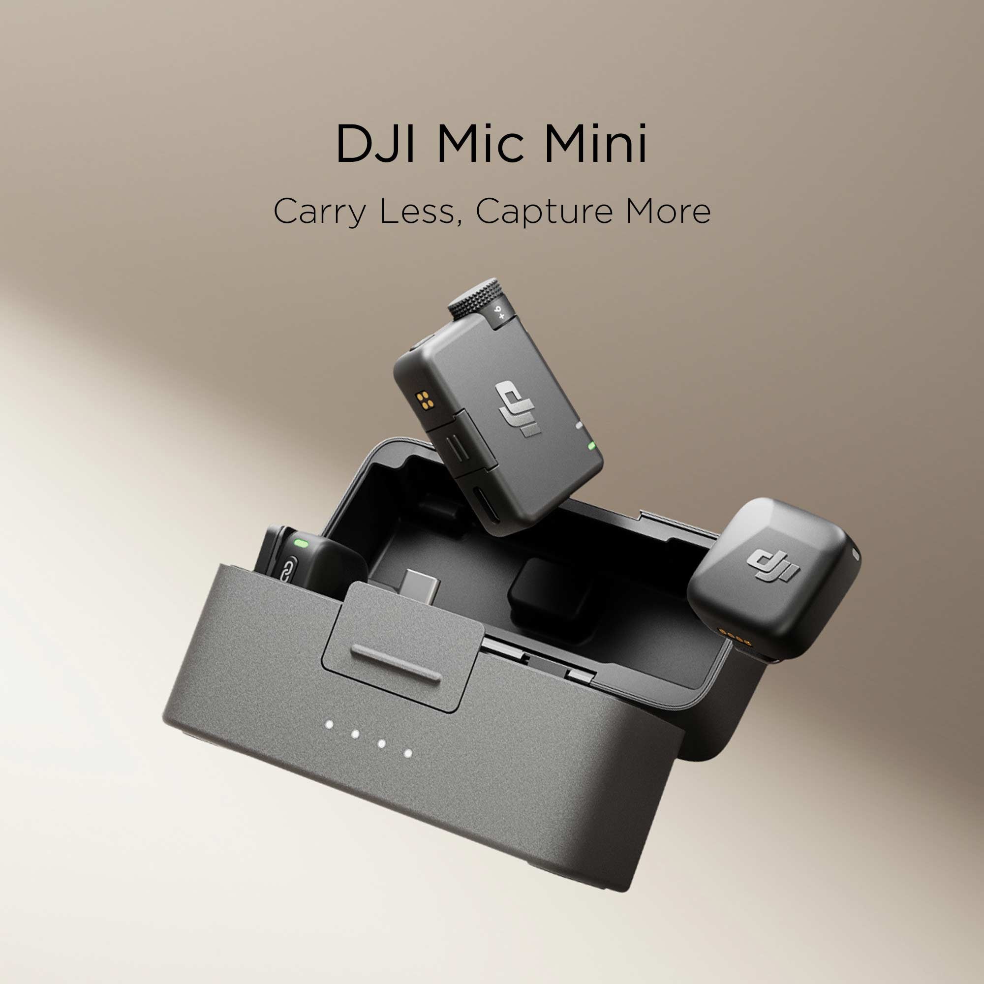 The DJI Mic Mini charging case, transmitter, and receivers against a taupe background.