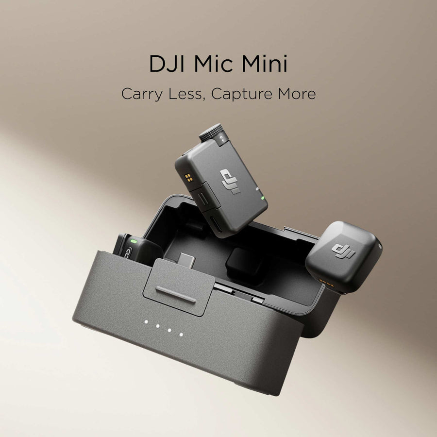 The DJI Mic Mini charging case, transmitter, and receivers against a taupe background.