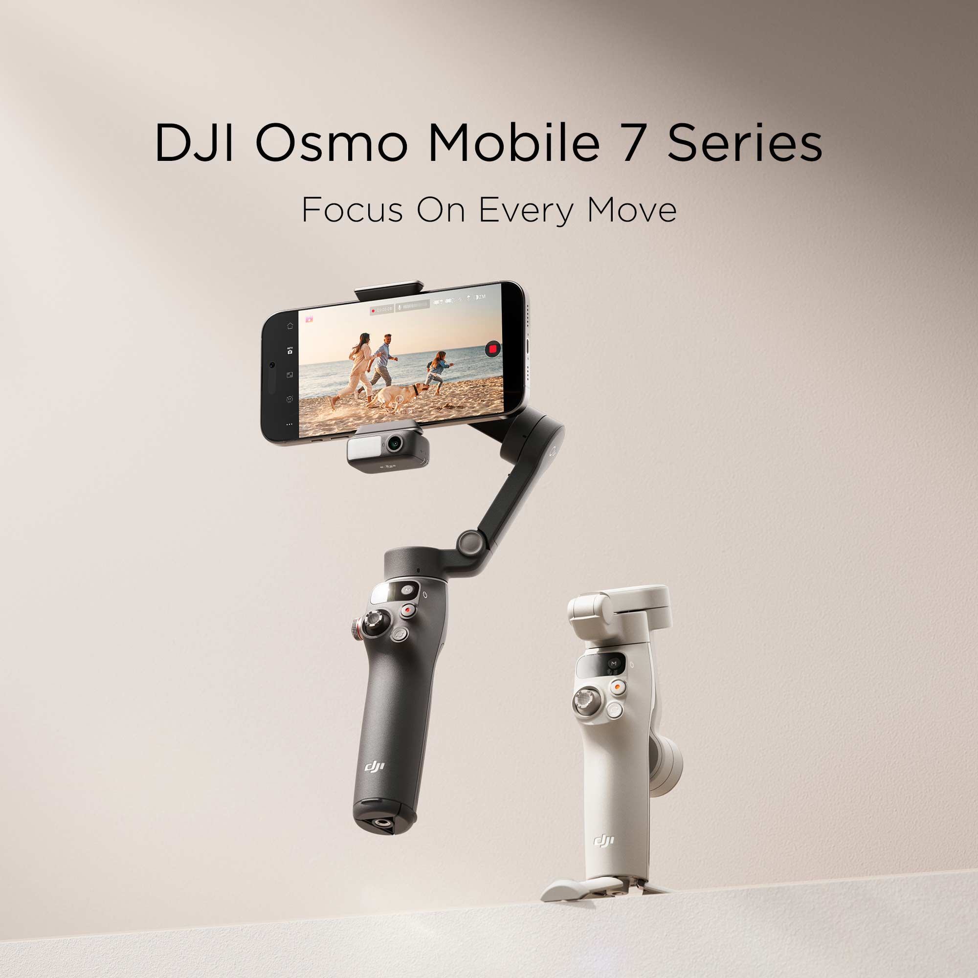 An unfolded DJI Osmo Mobile 7P beside a folded DJI Osmo Mobile 7 against a beige background. 