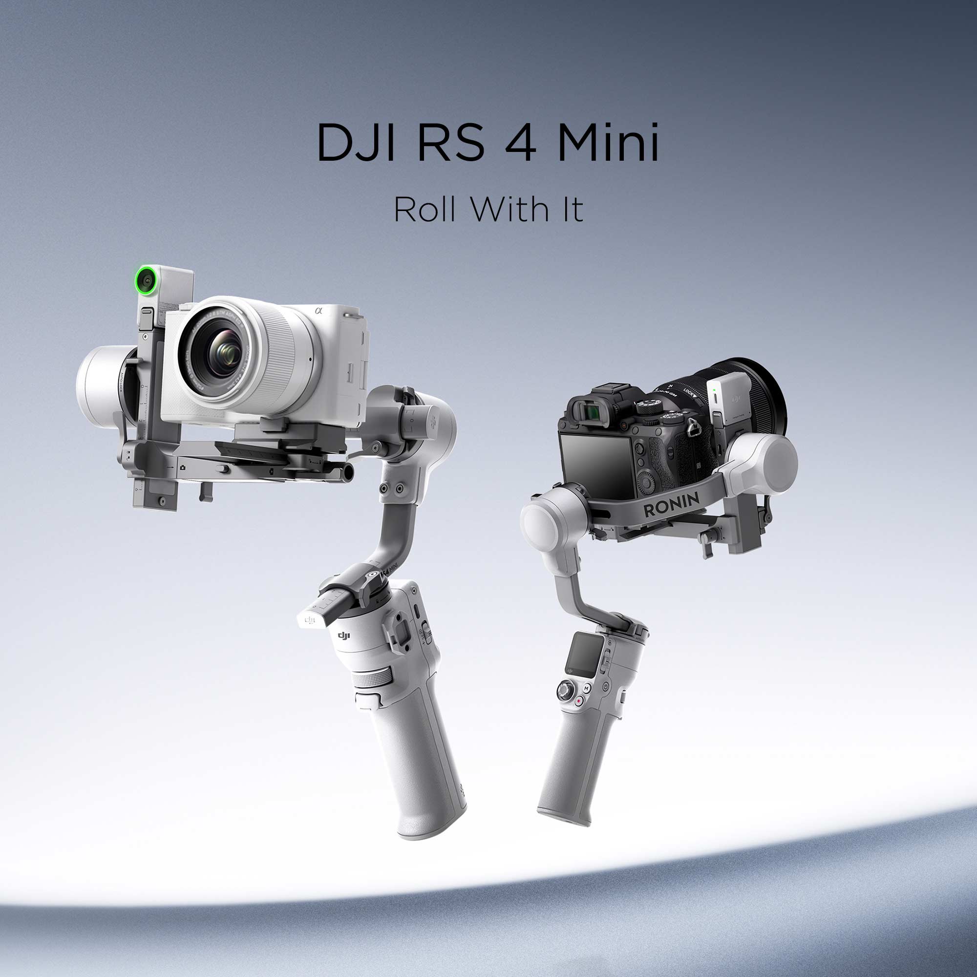 Two DJI RS 4 Mini gimbles with cameras attached against a grey background.