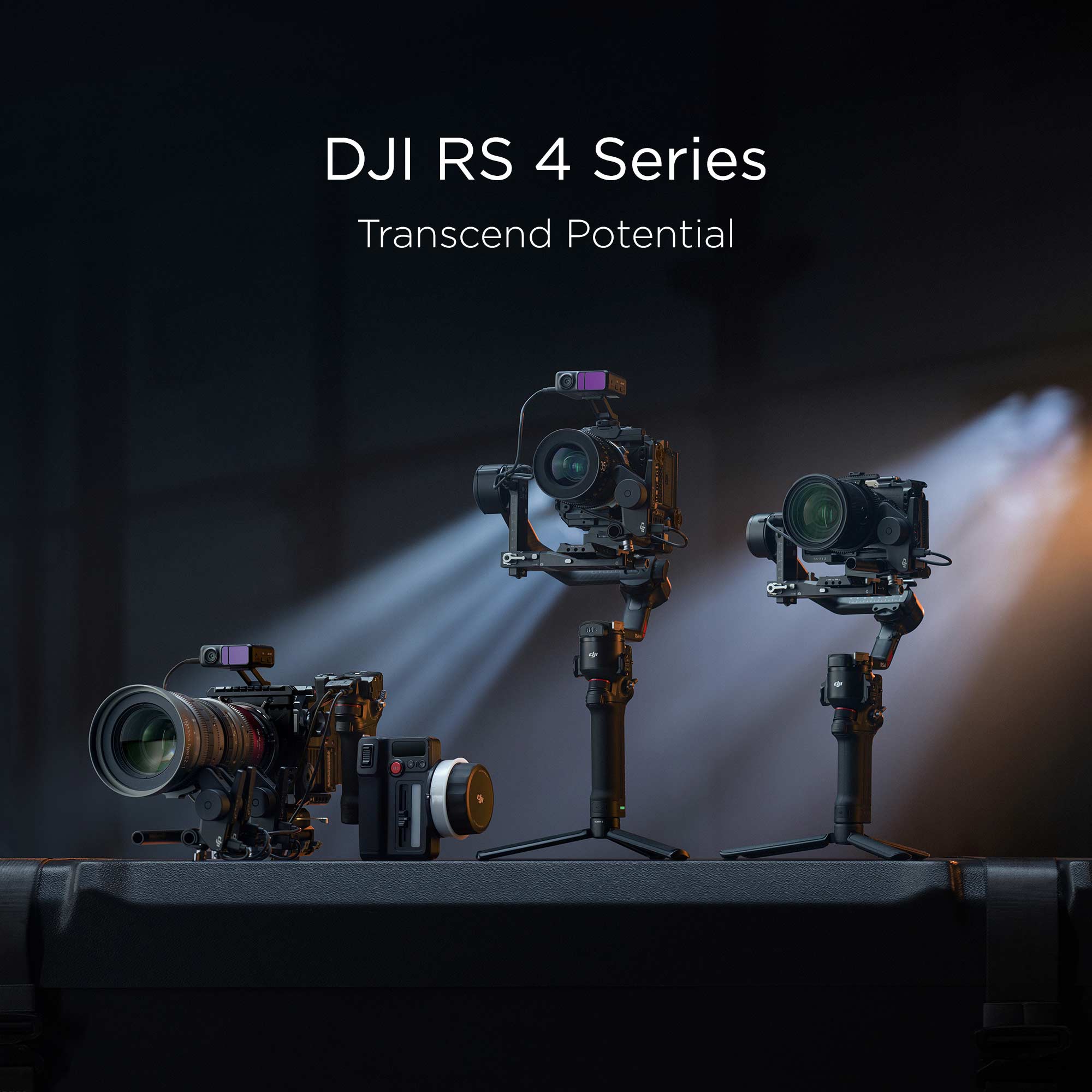 The DJI RS 4 Series displayed with accessories in a dark studio environment.