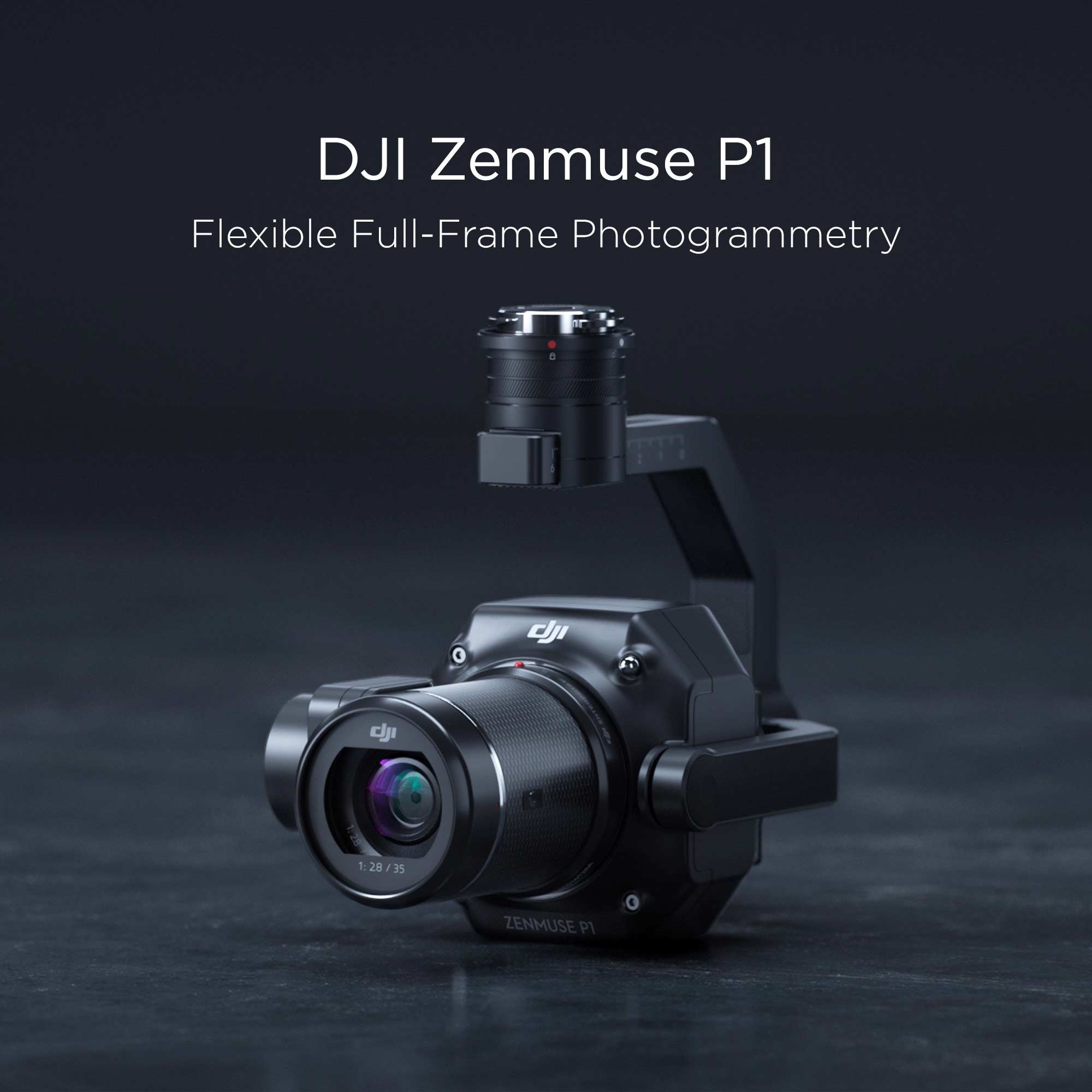 A DJI Zenmuse P1 resting on a dark concrete surface in a dark environment.