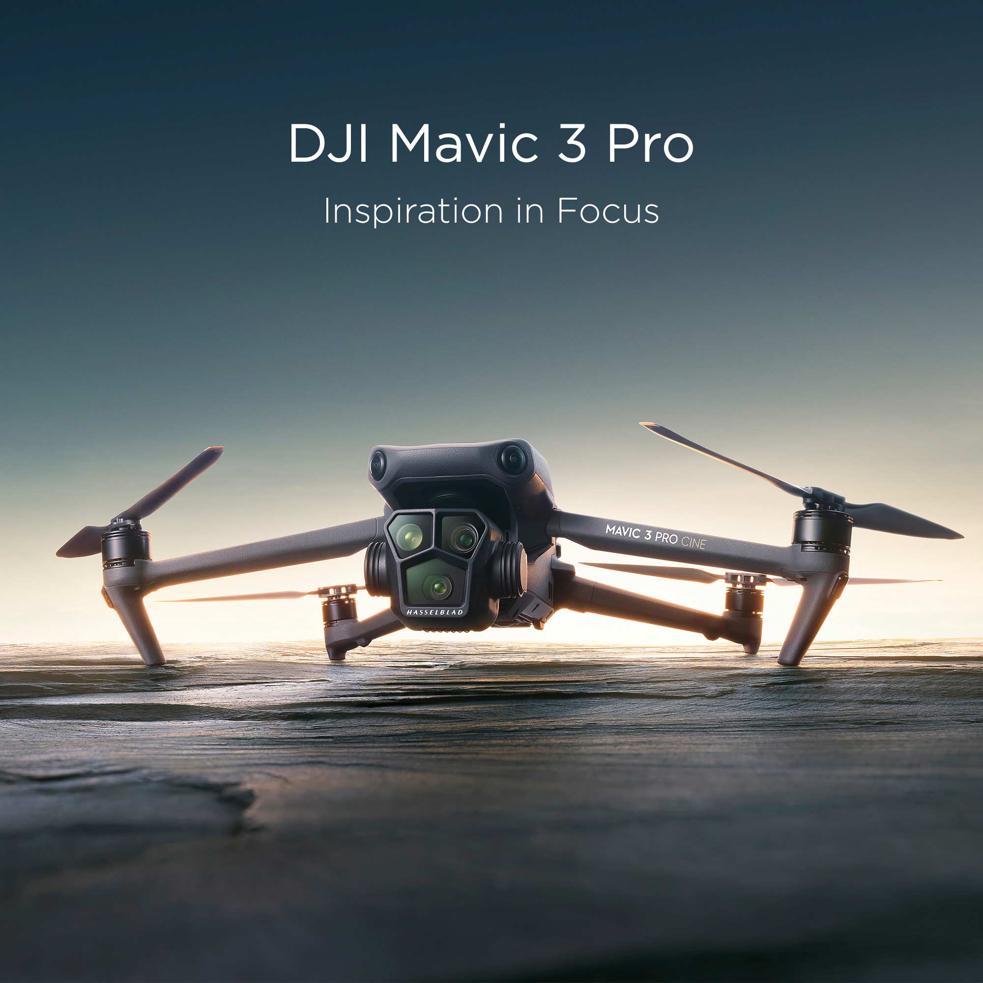 The DJI Mavic 3 Pro resting on a rocky surface at sunrise.