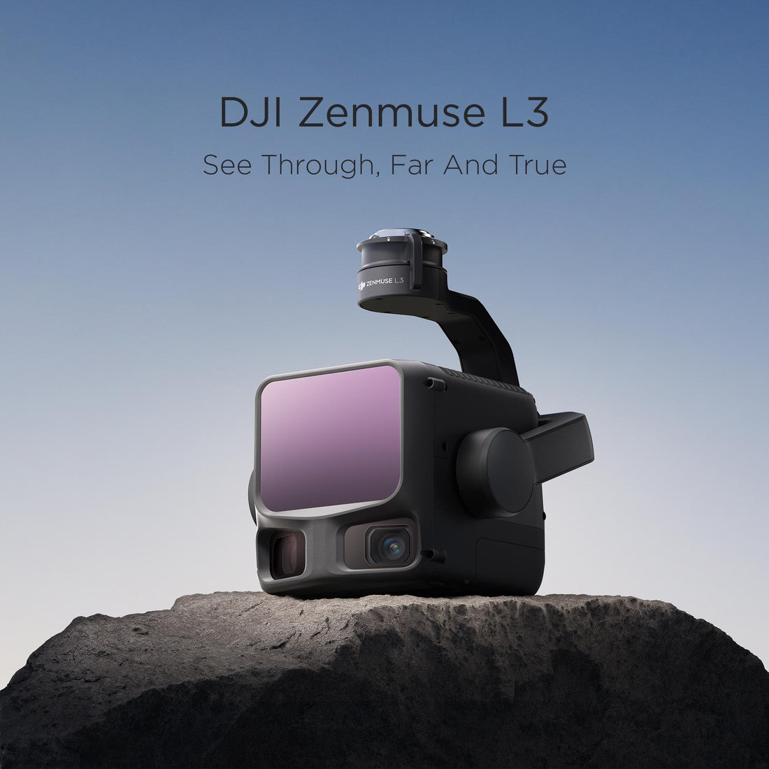 The DJI Zenmuse L3 Lidar sensor resting upon a rock with a blue background. Text above it reads 