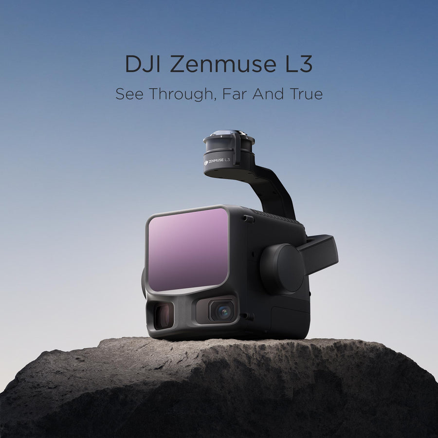 The DJI Zenmuse L3 Lidar sensor resting upon a rock with a blue background. Text above it reads 