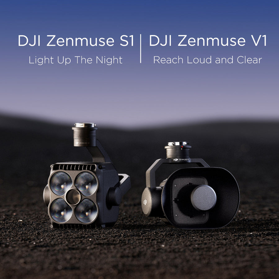 The Zenmuse S1 spotlight and Zenmuse V1 speaker sit side-by-side on dark soil with a blue sky in the background. Text above them reads: 