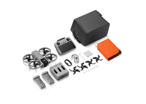 A top-down angled view of everything included with the DJI Avata 360 Fly More Combo (DJI RC 2)