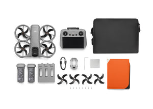 A top-down view of everything included with the DJI Avata 360 Fly More Combo (DJI RC 2)