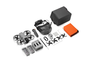 A top-down angled view of everything included in the DJI Avata 360 Motion Fly More Combo (DJI Goggles N3)