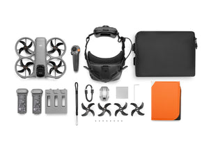 A top-down view of everything included in the DJI Avata 360 Motion Fly More Combo (DJI Goggles N3)