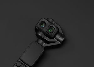 A top-down view of the Osmo Pocket 4P Wide-Angle Lens installed on the Osmo Pocket 4P camera against a black background