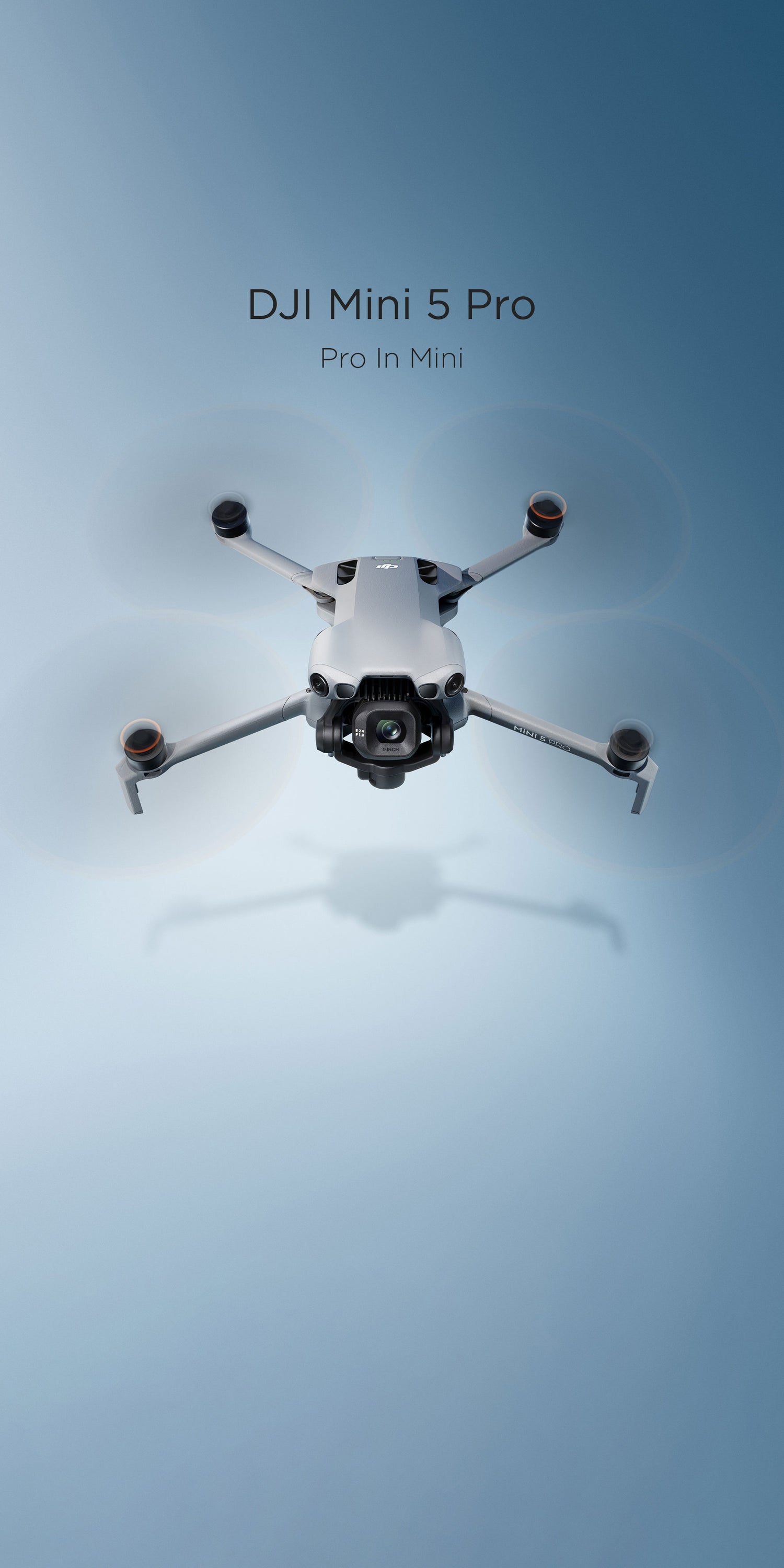 DJI Mini 5 Pro drone on a gradient blue background