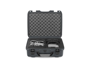 A front, top-down angled view of the the graphite Nanuk Case 930 for DJI Avata 360 Fly More Combo with the drone and accessories displayed inside.