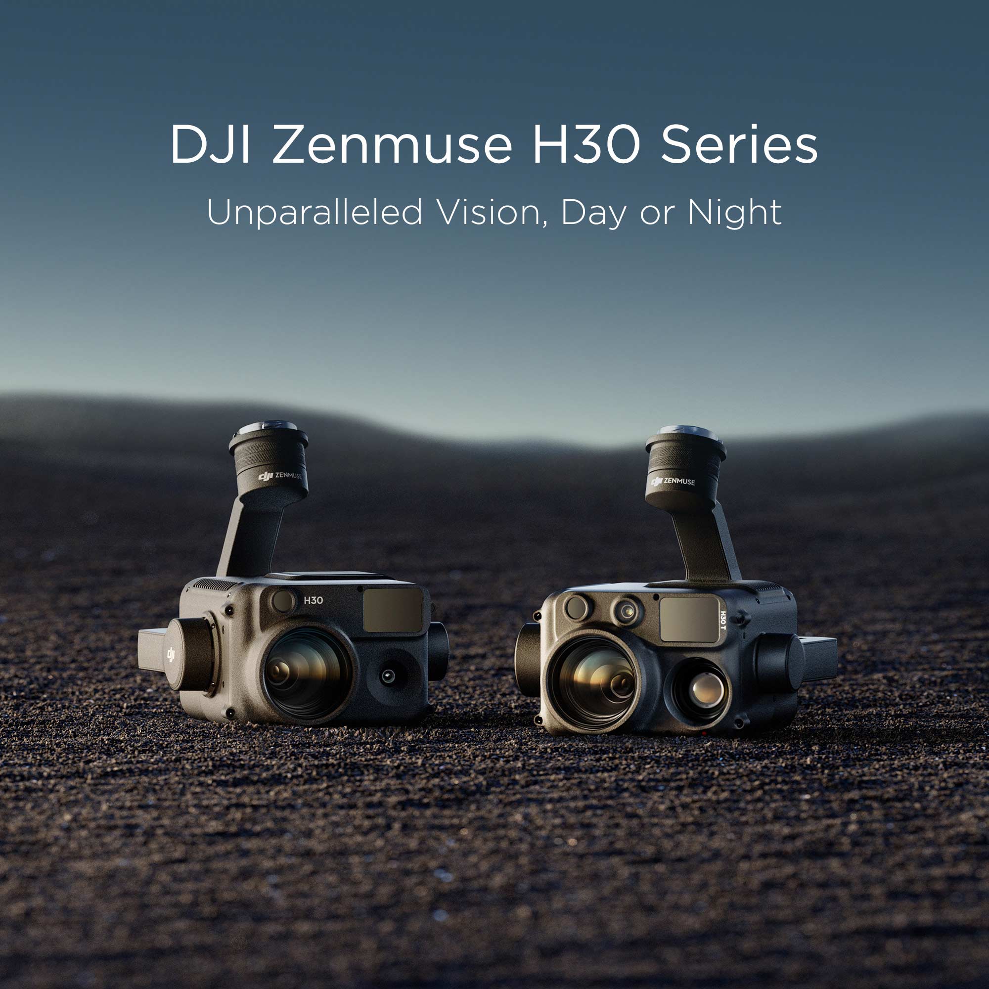 The DJI Zenmuse H30 and H30T displayed on sandy terrain with a blue background.